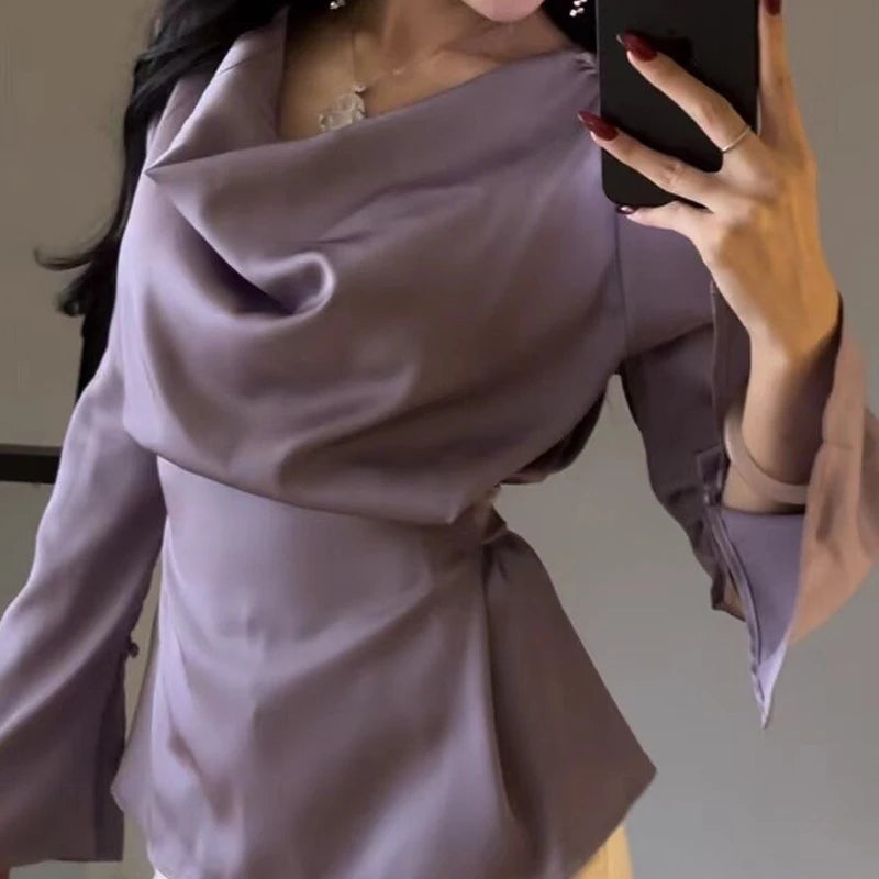 Chemisier French chic femme Satin, col swing, manches longues, ceinture taille