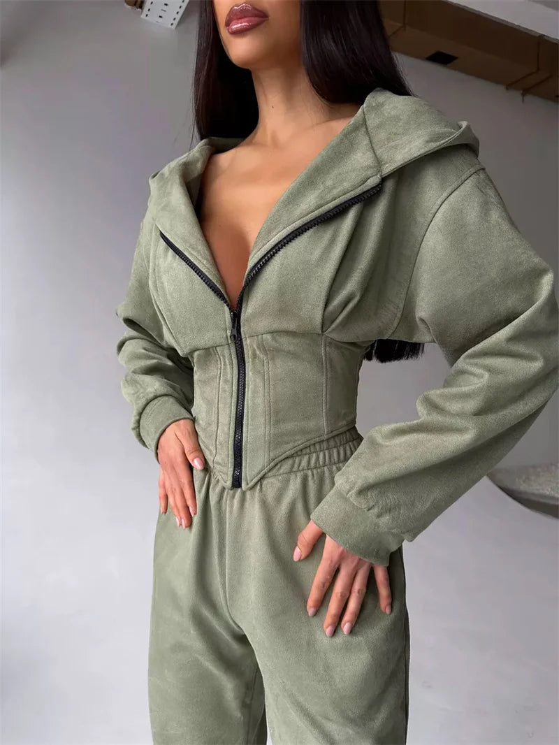Ensemble 2 pièces décontracté pour femme : Veste courte à capuche zippée et pantalon 5 coloris