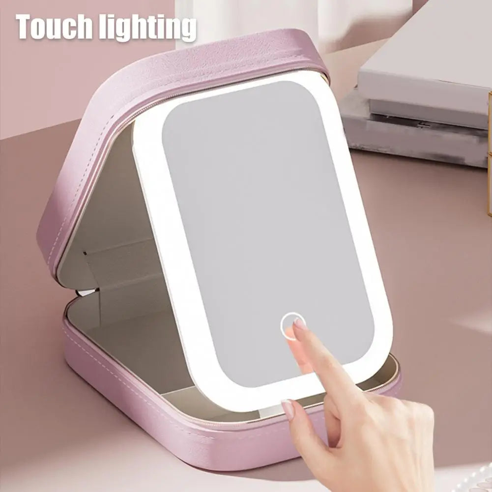 Trousse maquillage voyage miroir LED rechargeable – 3 réglages d’éclairage, rangement bijoux