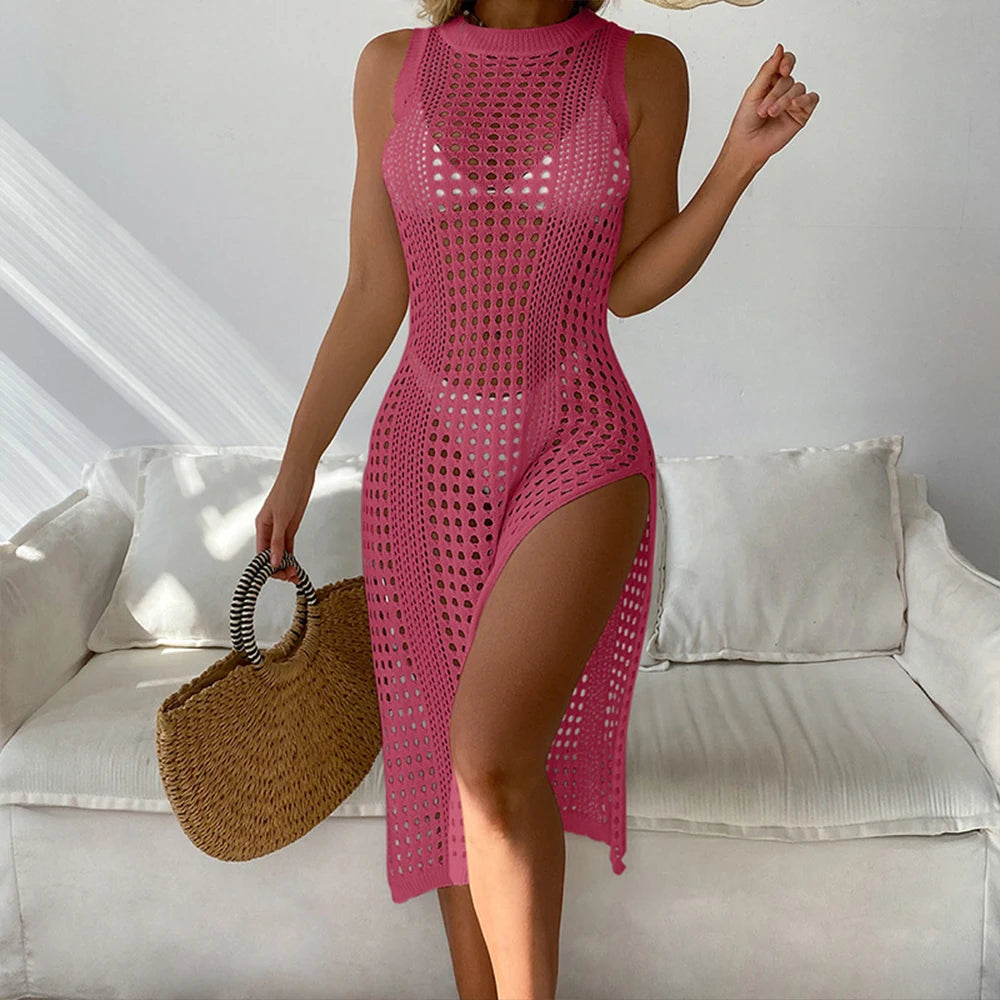 Robe de plage – Crochet Ajouré Sans Manches À Fente Latérale -Plusieurs coloris