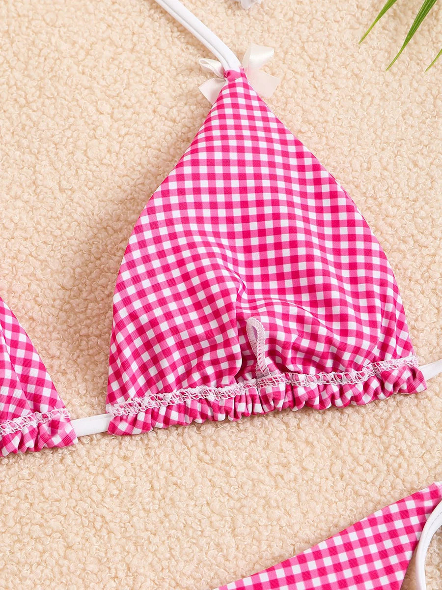 Bikini 2 Pièces – Halter & String Motif Petits Carreaux -Plusieurs coloris