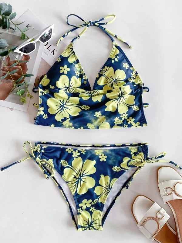 Bikini Femme Fleuri Licou – Haut Push-Up & Bas Taille Haute -Plusieurs coloris
