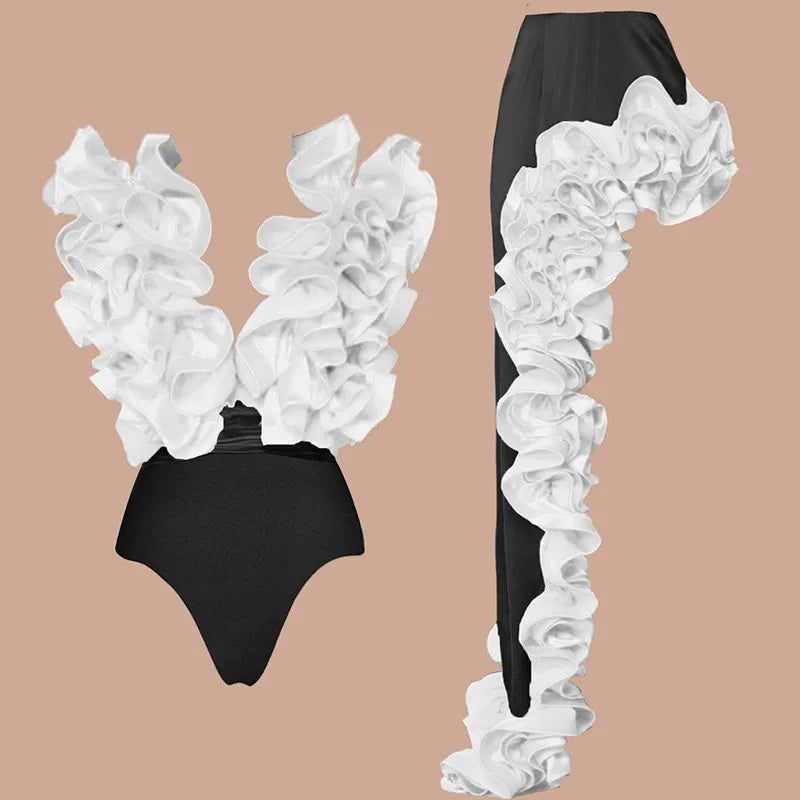 Bikini avec jupe pour femme, maillot de bain, imprimé épissure à volants, vêtements de plage, couvertures de bikini de vacances, tenues d'été, nouveau