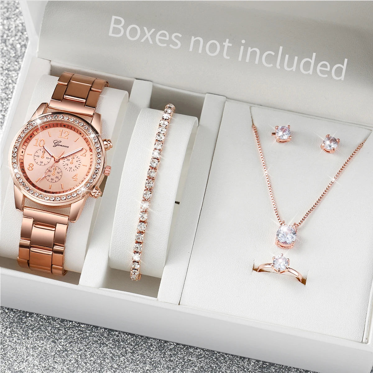 Coffret montre et bijoux femme – 6 pièces, quartz, strass – Plusieurs coloris