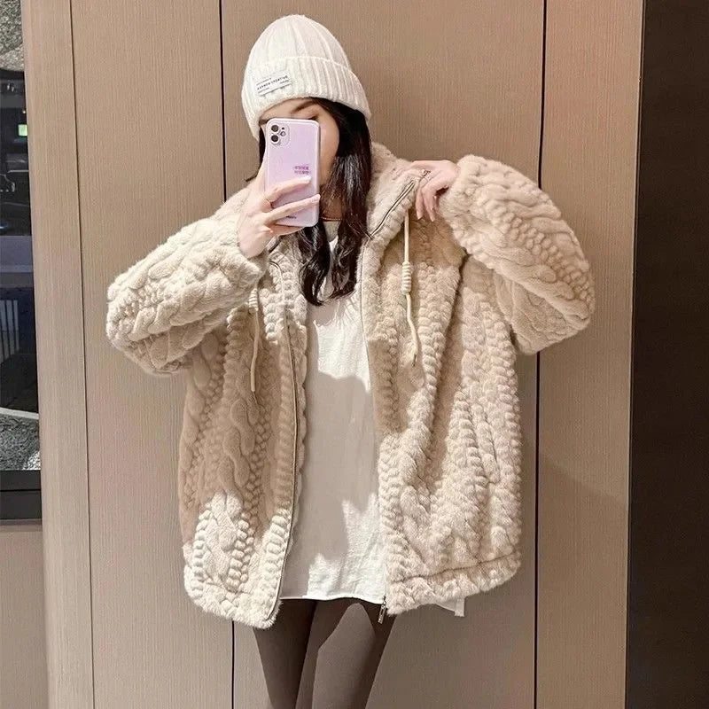 Manteau fausse fourrure imitation vison femme – Col montant, chaud & épais