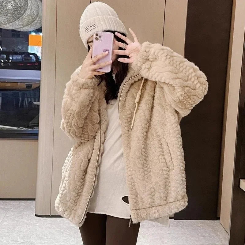 Manteau fausse fourrure imitation vison femme – Col montant, chaud & épais