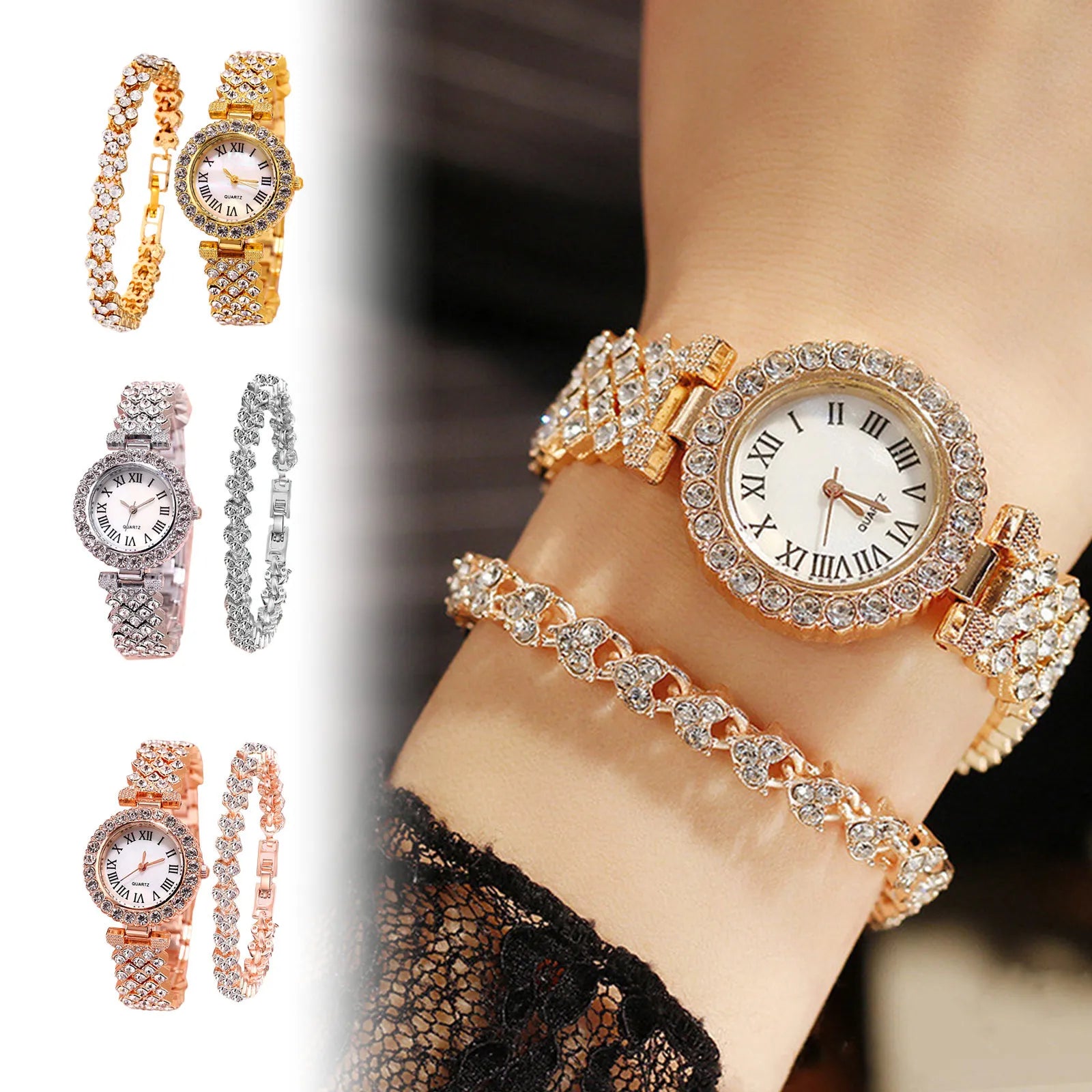 Montre femme diamant – Cadran rond, chiffres romains – Plusieurs coloris