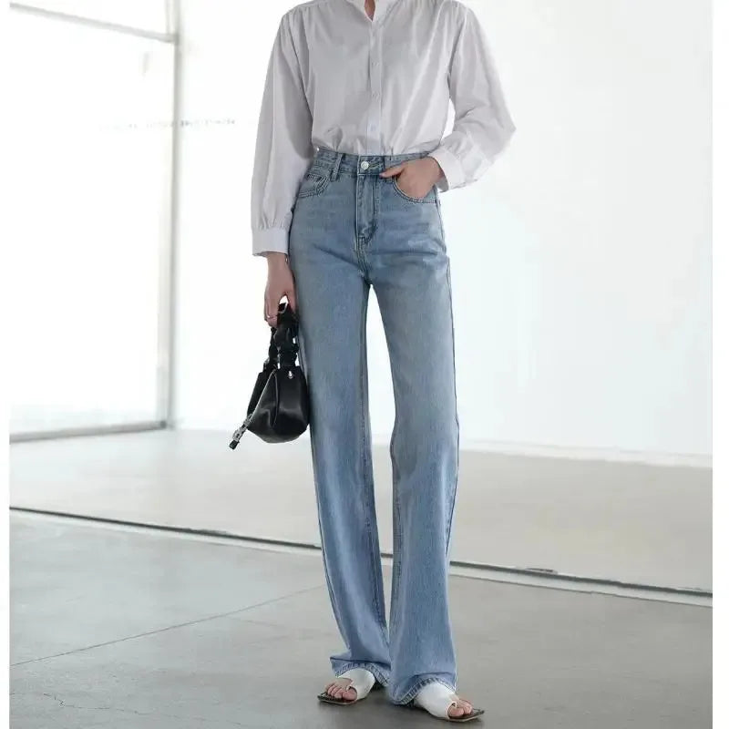 Jean droit femme Taille haute, bleu clair, longueur longue