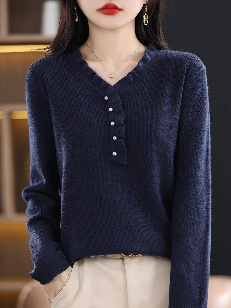 Haut en Maille Femme – Col V, Manches Longues & Grande Taille