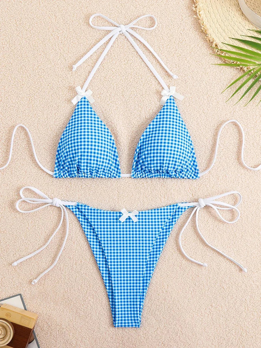 Bikini 2 Pièces – Halter & String Motif Petits Carreaux -Plusieurs coloris