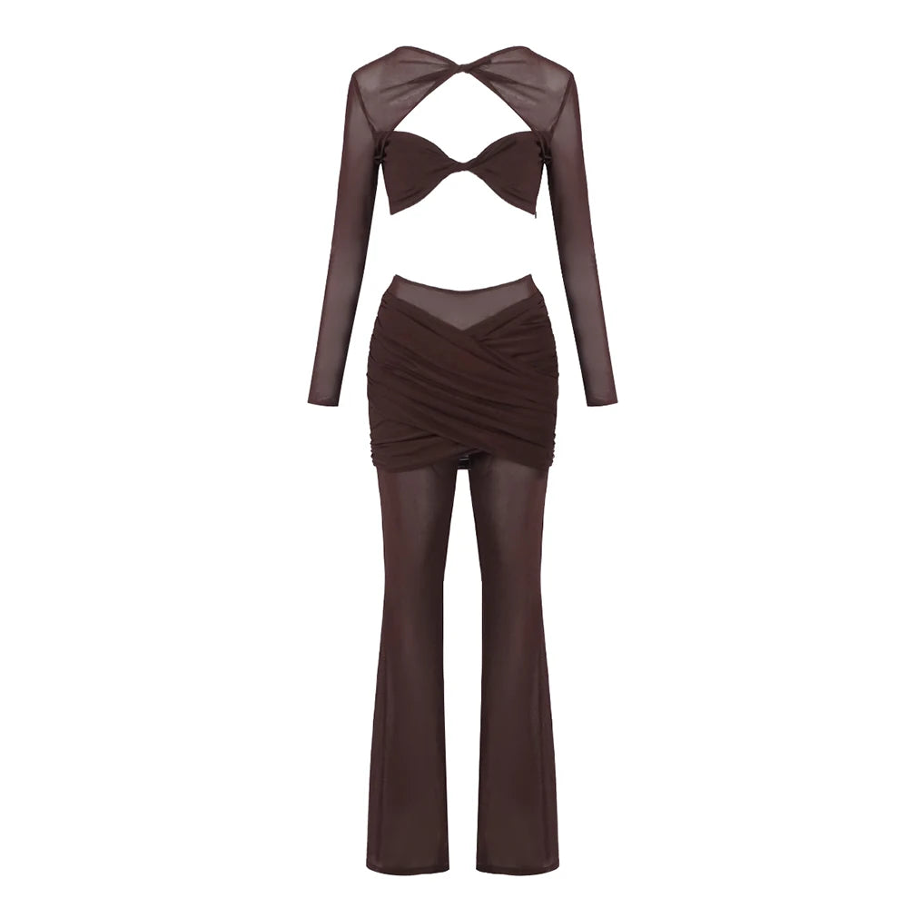 Ensemble 2 Pièces Femme – Top Crop Manches Longues et pantalon flare 3 coloris