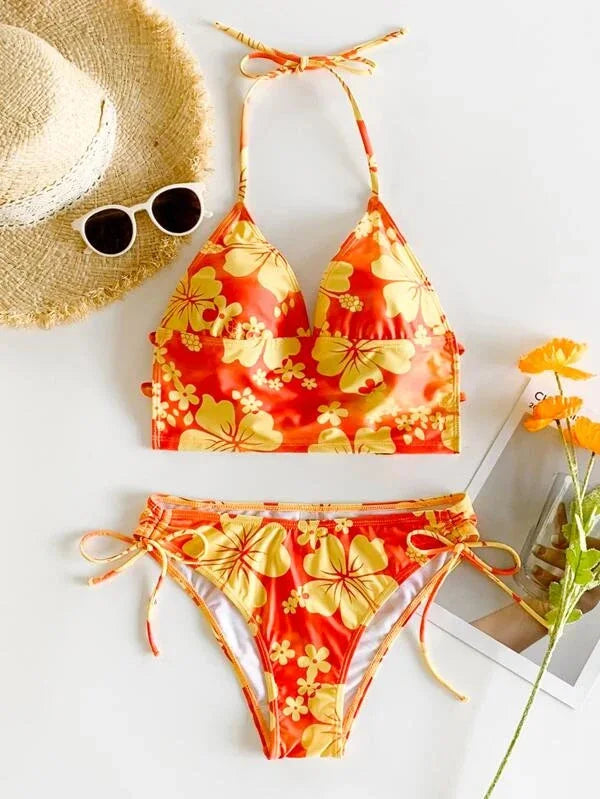 Bikini Femme Fleuri Licou – Haut Push-Up & Bas Taille Haute -Plusieurs coloris