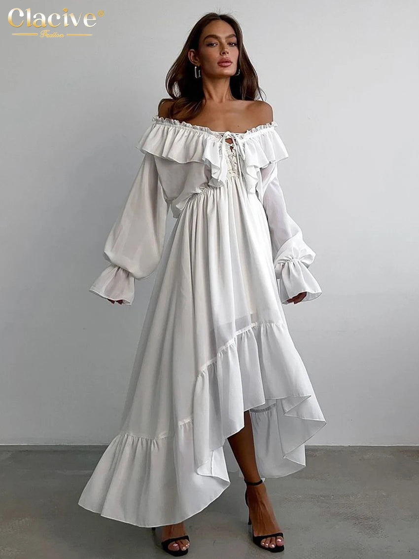 Robe Longue Blanche Femme – Col V, Manches Longues & Coupe Plissée Loose