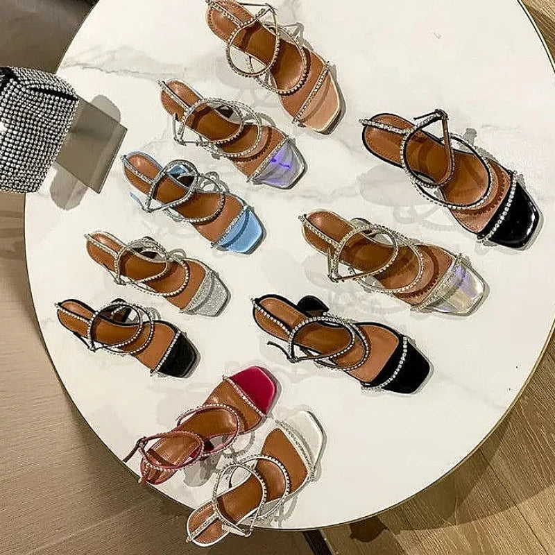 Sandales femme – Strass & chaîne, bout ouvert