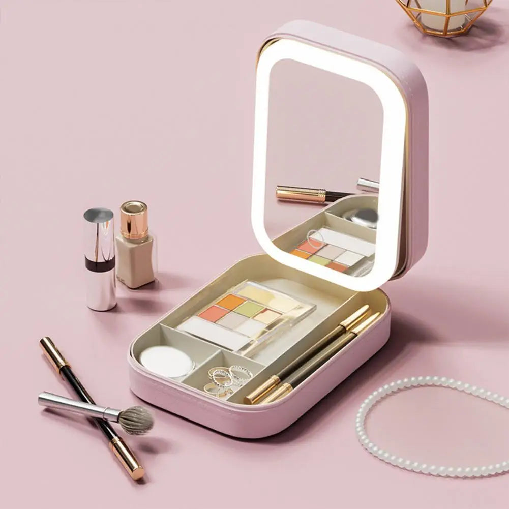 Trousse maquillage voyage miroir LED rechargeable – 3 réglages d’éclairage, rangement bijoux