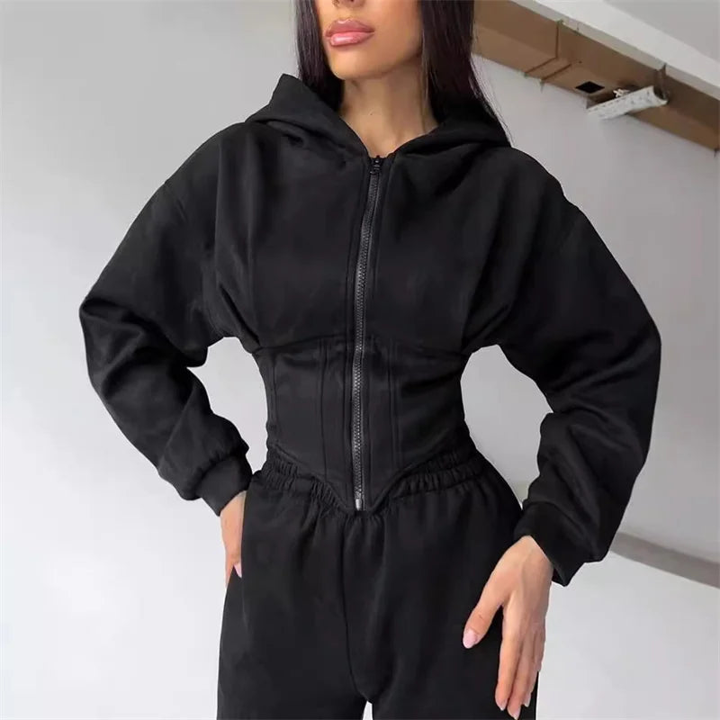 Ensemble 2 pièces décontracté pour femme : Veste courte à capuche zippée et pantalon 5 coloris