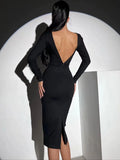 Robe Midi Femme – Noire, Dos Nu, Manches Longues