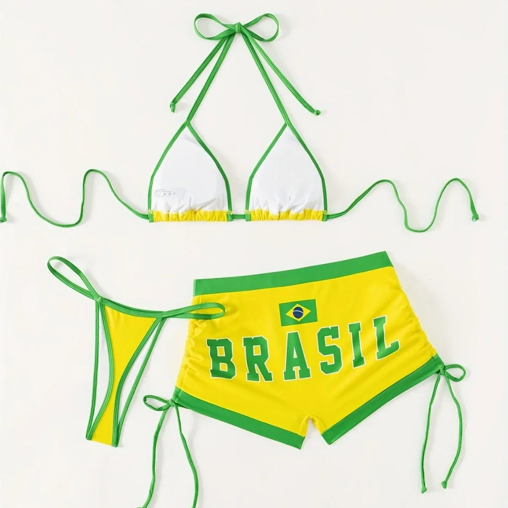 Bikini  3 Pièces – Motif Drapeau Brésilien