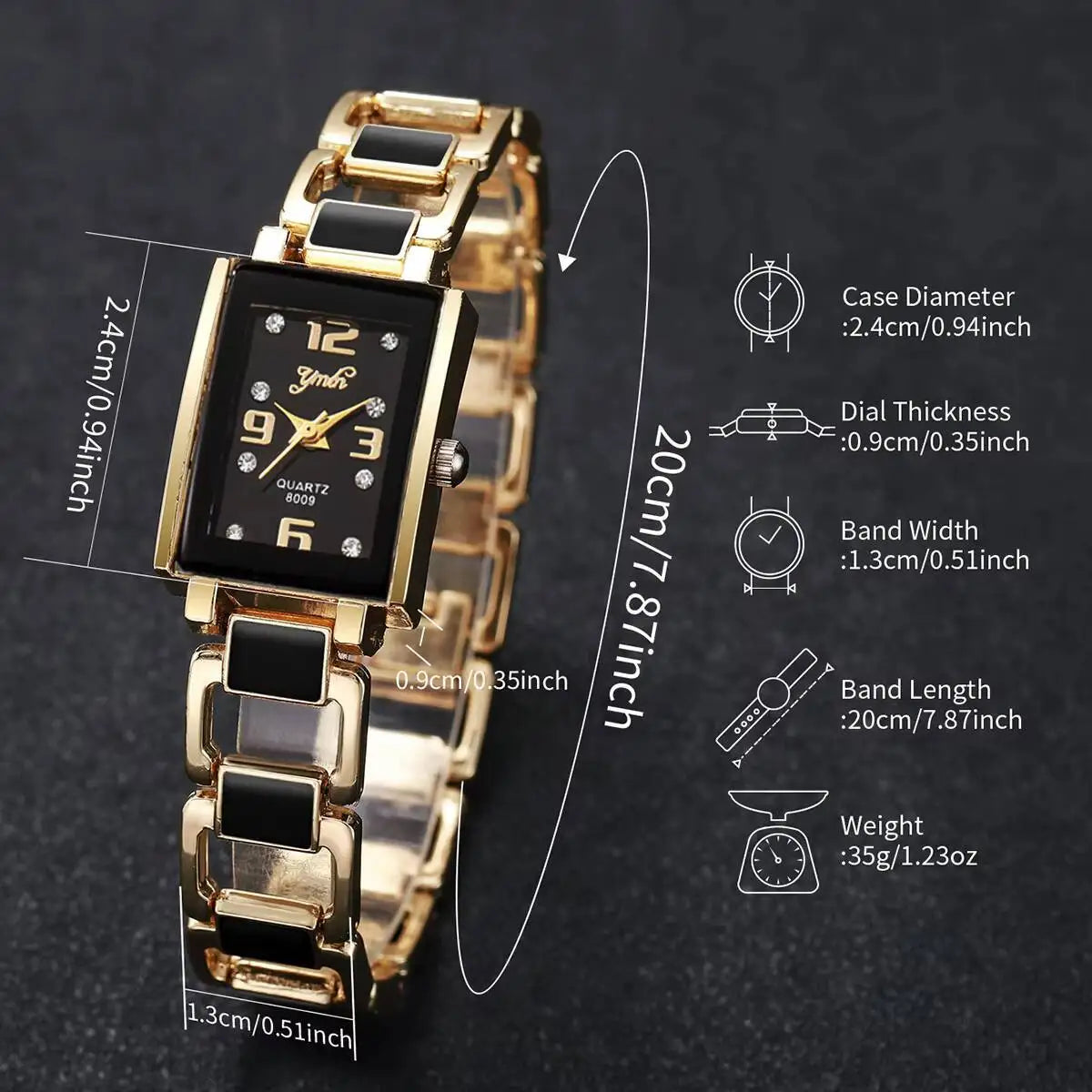Montre femme rectangulaire Strass, cadran chiffres arabes, quartz – Lot de 1 ou 2 pièces – Sans boîte