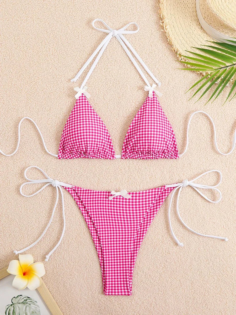 Bikini 2 Pièces – Halter & String Motif Petits Carreaux -Plusieurs coloris