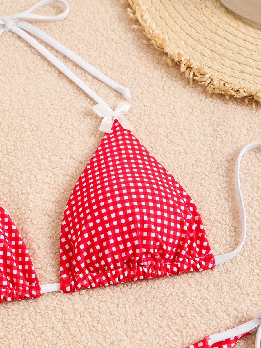 Bikini 2 Pièces – Halter & String Motif Petits Carreaux -Plusieurs coloris