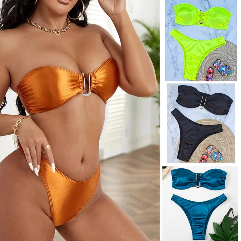 Bikini Deux Pièces Femme – Haut Bandeau & Bas Taille Haute