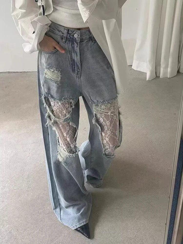 Jean Taille Haute Femme – Coupe Large Dentelle Patchwork Effet Usé