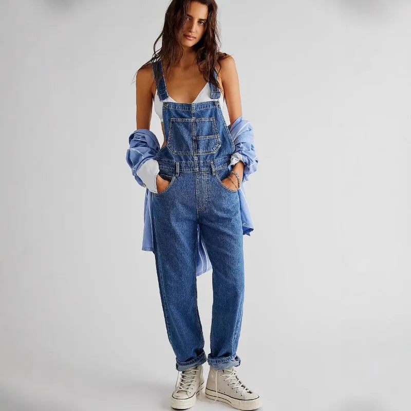 Combinaison salopette femme – Bleu denim, sans manches, poches, bretelles
