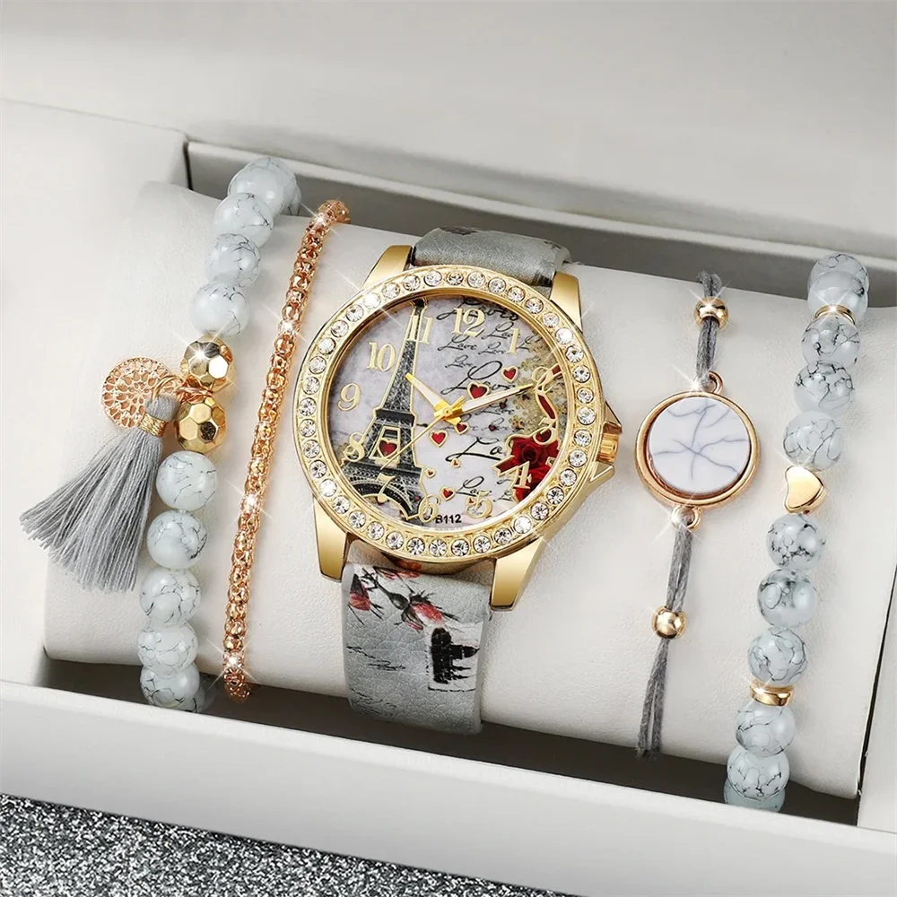 Coffret montre et bracelet perles femme – 5 pièces, quartz rétro