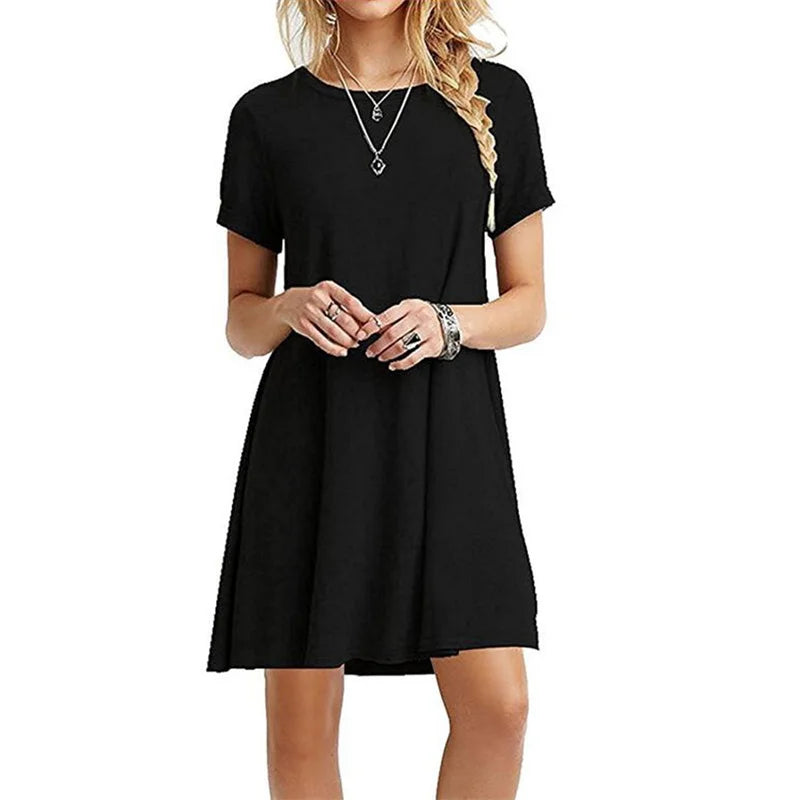 Robe Bohème Femme – Col Rond, Manches Courtes, Style Plage