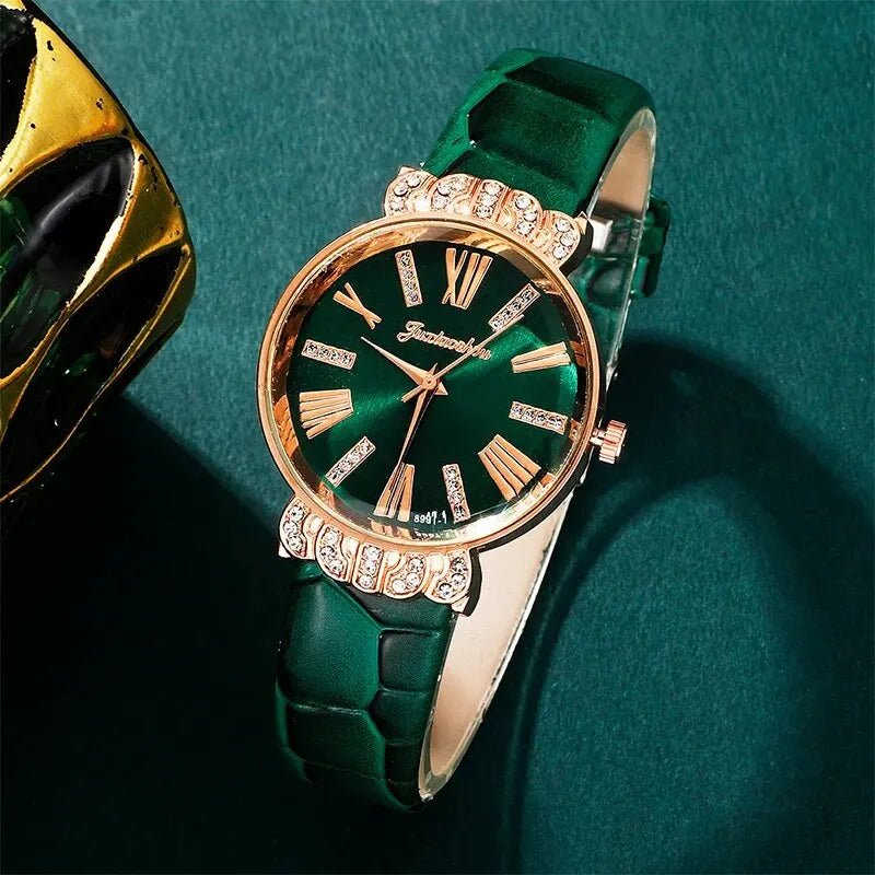 Coffret luxe femme – Montre cœur pêche + bracelet cuir vert + collier + boucles d'oreilles