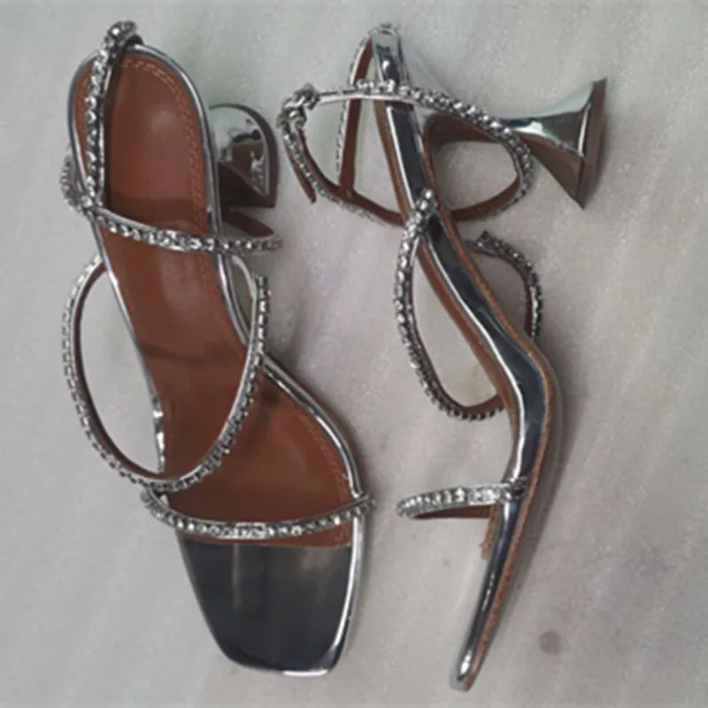 Sandales femme – Strass & chaîne, bout ouvert
