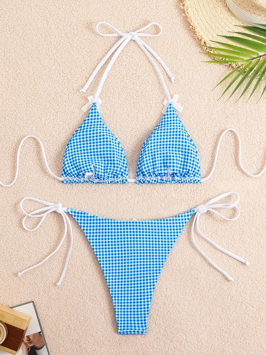 Bikini 2 Pièces – Halter & String Motif Petits Carreaux -Plusieurs coloris