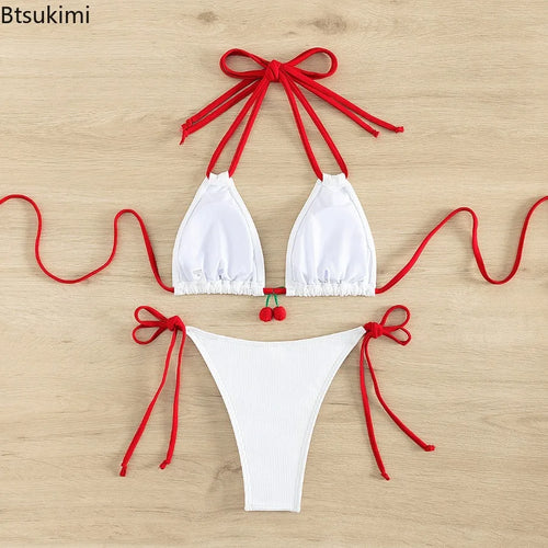 Bikini cerise à Laçage & Taille Haute – Noir ou  Blanc cerise