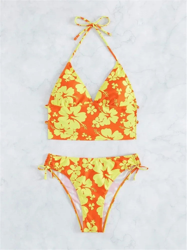 Bikini Femme Fleuri Licou – Haut Push-Up & Bas Taille Haute -Plusieurs coloris