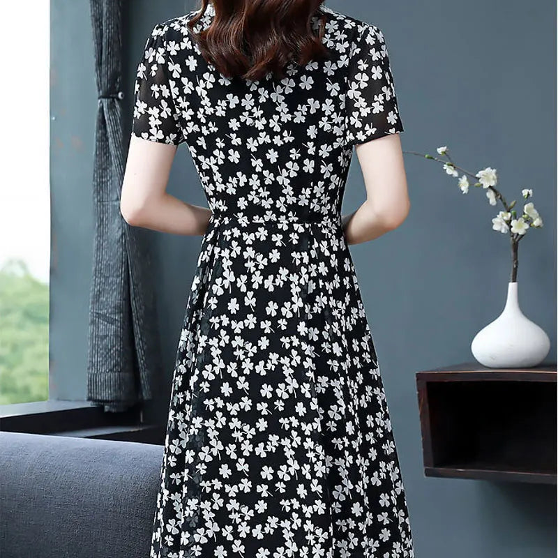 Robe midi femme  Col V, patchwork imprimé, manches courtes