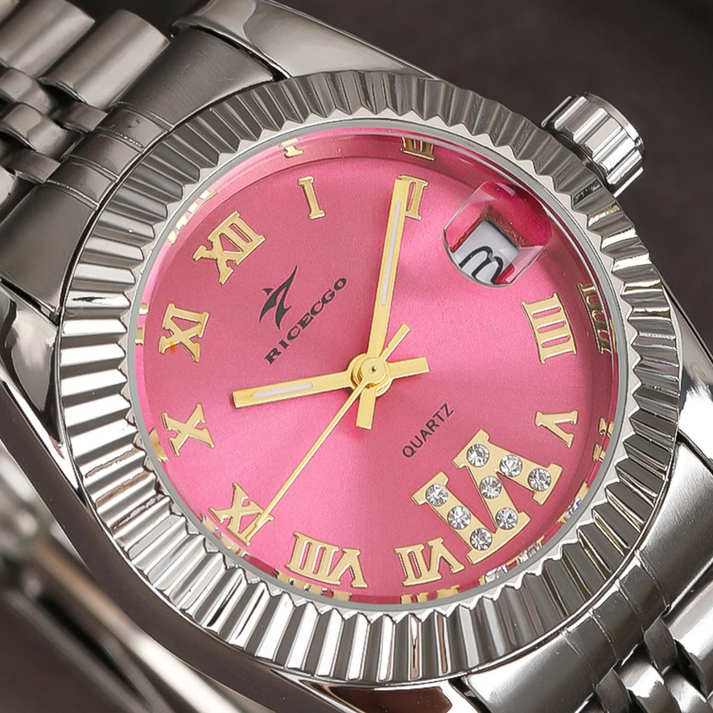 Montre femme – Cadran rose, acier, quartz
