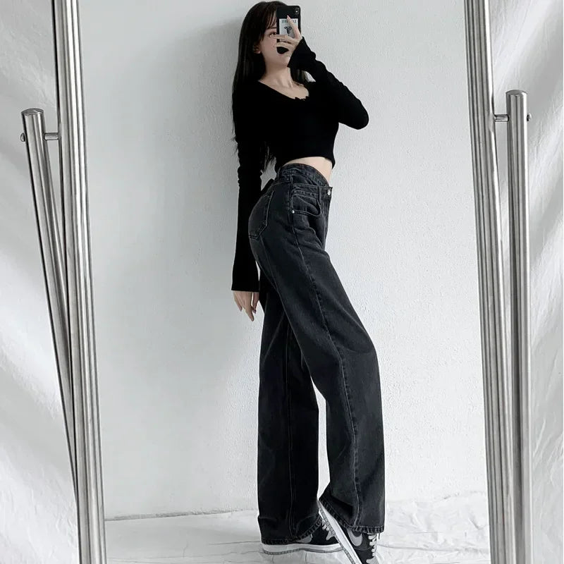 Jean Large Femme – Taille Haute Coupe Loose Avec Poches