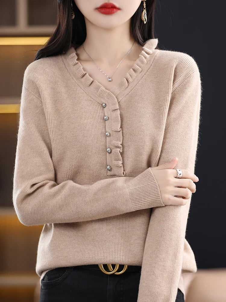 Haut en Maille Femme – Col V, Manches Longues & Grande Taille