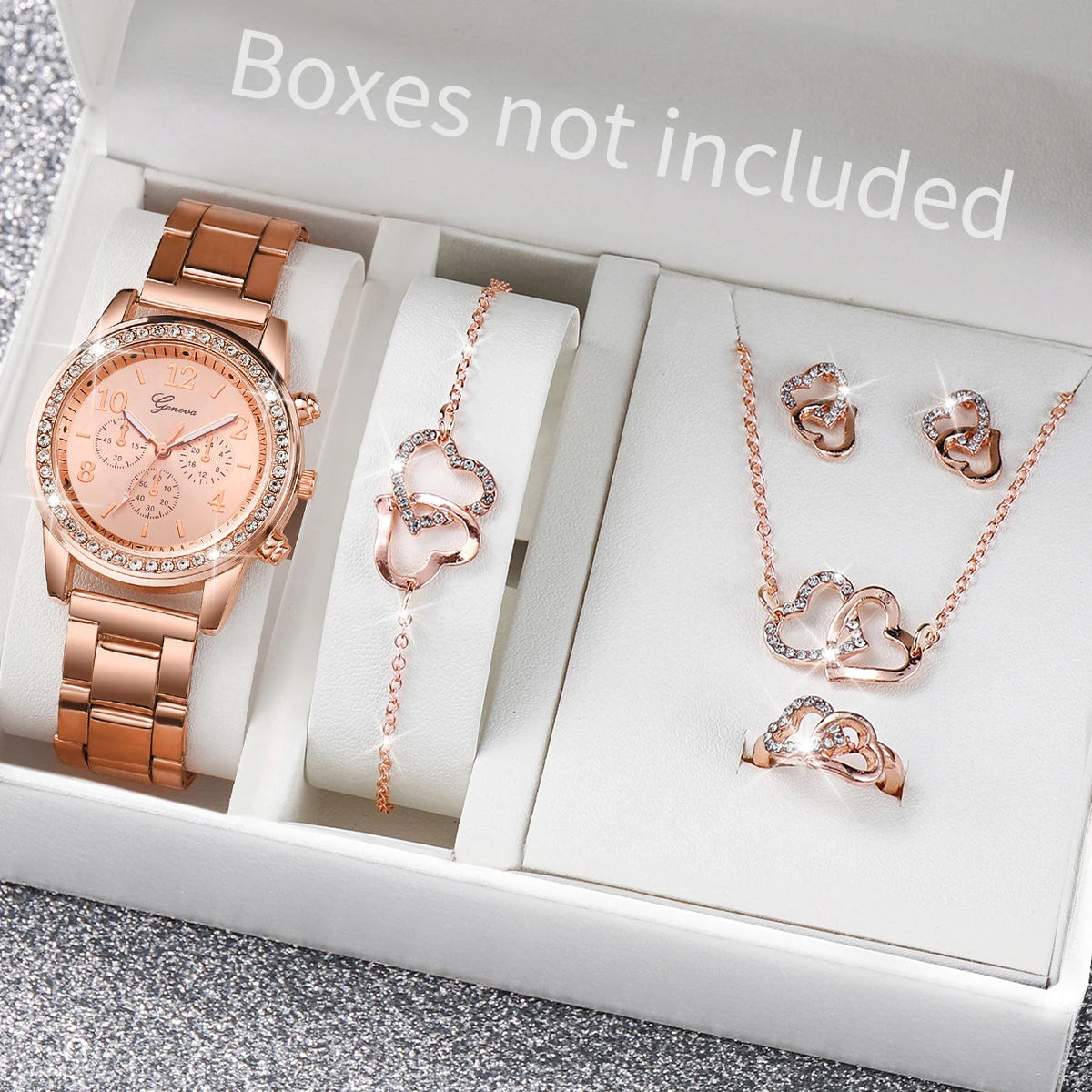 Coffret montre et bijoux femme – 6 pièces, quartz, strass – Plusieurs coloris