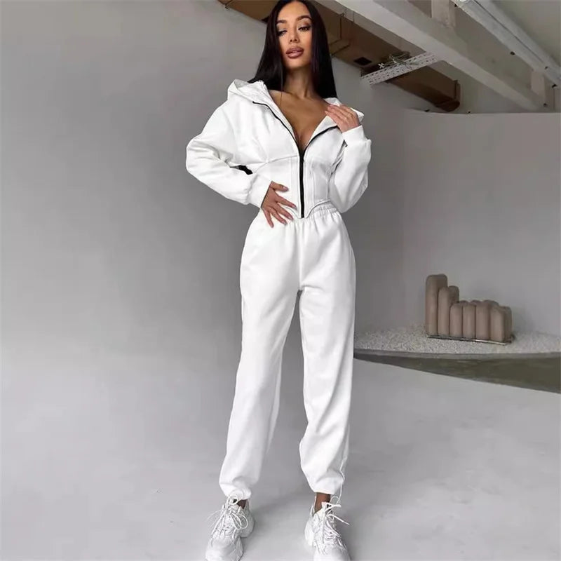 Ensemble 2 pièces décontracté pour femme : Veste courte à capuche zippée et pantalon 5 coloris