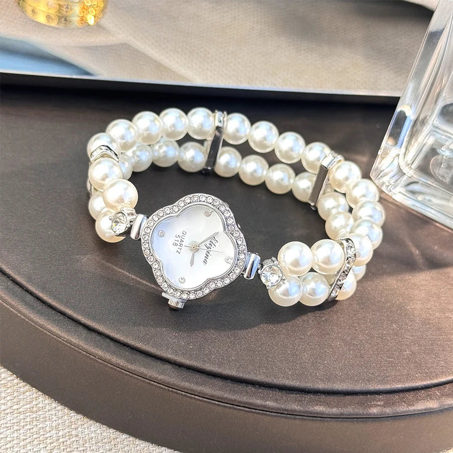 Montre quartz femme – Bracelet perle, trèfle à quatre feuilles – Plusieurs coloris