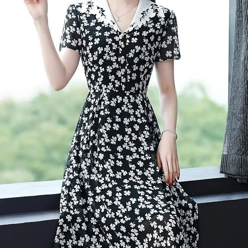 Robe midi femme  Col V, patchwork imprimé, manches courtes