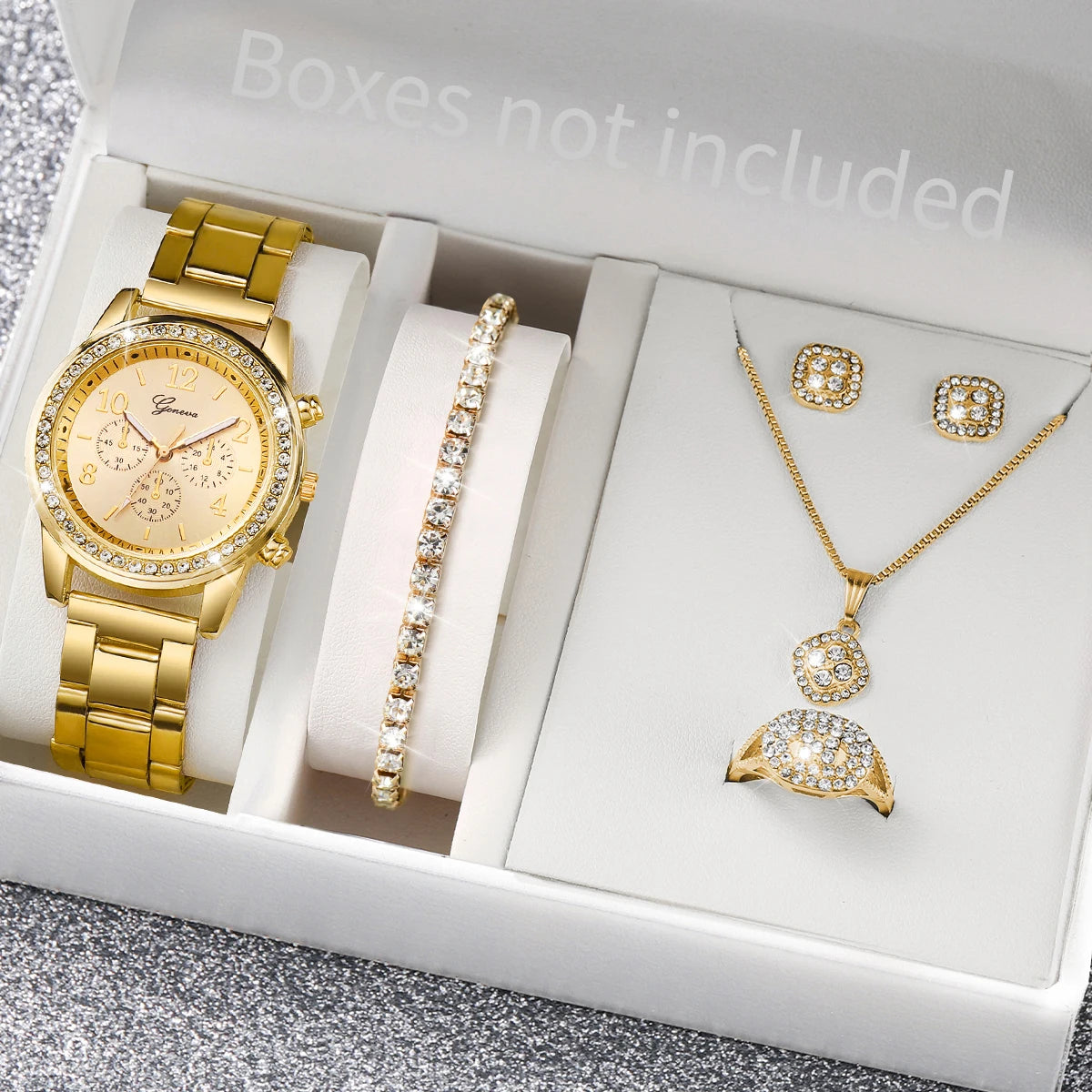 Coffret montre et bijoux femme – 6 pièces, quartz, strass – Plusieurs coloris