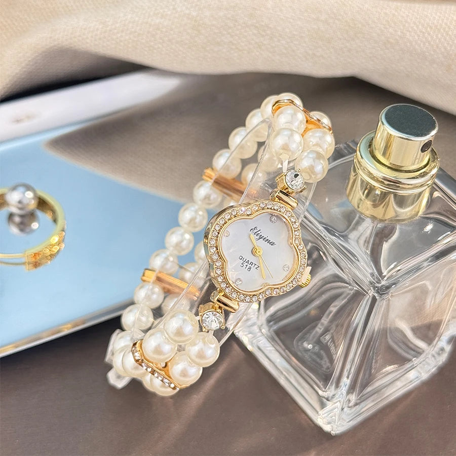 Montre quartz femme – Bracelet perle, trèfle à quatre feuilles – Plusieurs coloris