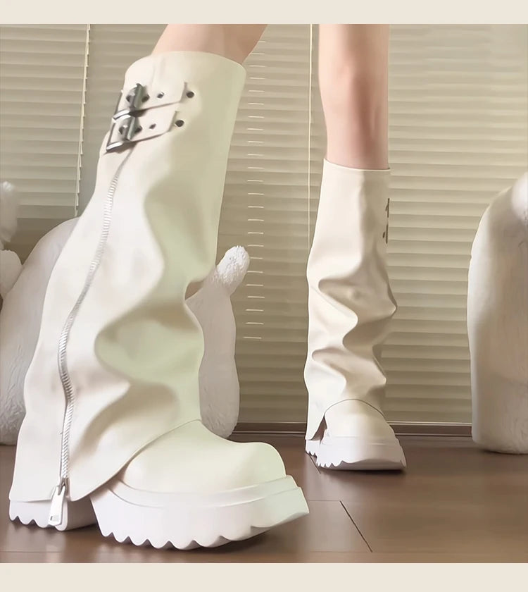 Bottes hautes femme – Semelles épaisses, style streetwear - 3 coloris