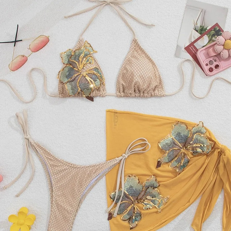 Applique taille basse Sexy 3 pièces ensemble de Bikini-maillot de bain de vacances à la plage pour femmes modeste burkini mujer burkini femme musulmane