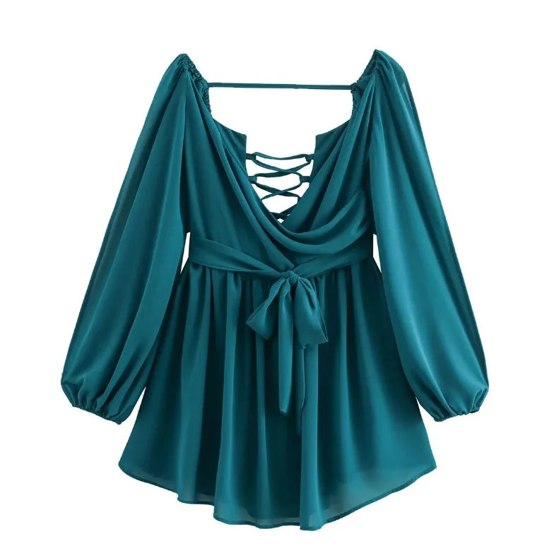 Robe Courte Sexy – Mousseline, Col V, Manches Bouffantes & Laçage (plusieurs couleurs disponible)