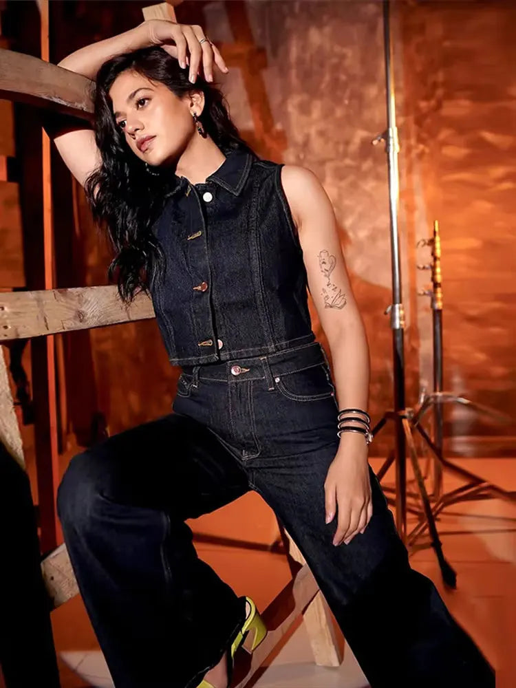 Ensemble denim femme – Veste col cranté simple boutonnage, pantalon taille haute large