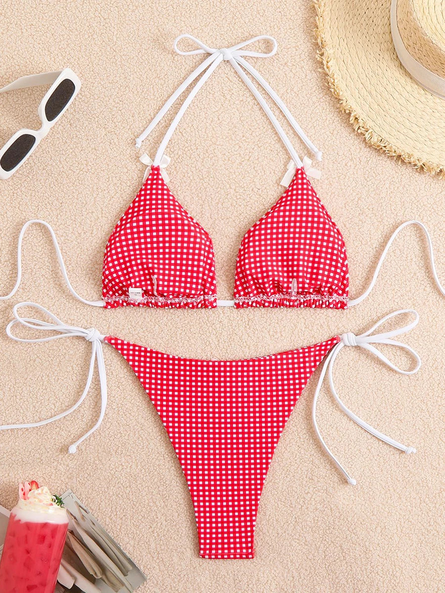 Bikini 2 Pièces – Halter & String Motif Petits Carreaux -Plusieurs coloris